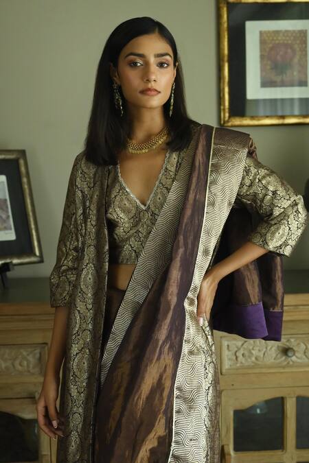 Shop_Shorshe Clothing_Purple Handloom Cotton Wave Border Woven Saree_Online_at_Aza_Fashions