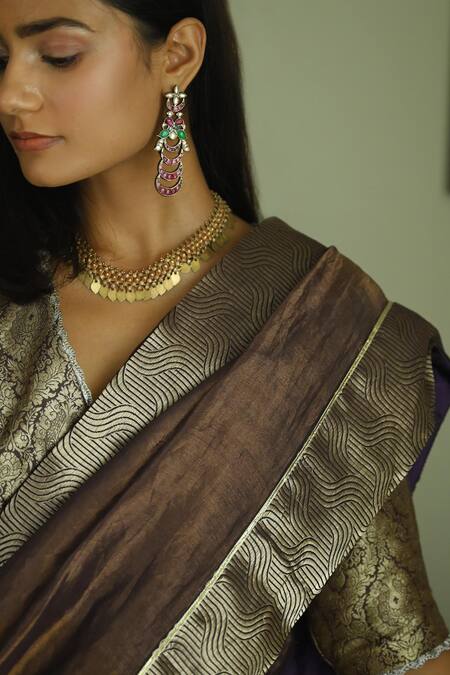 Shorshe Clothing_Purple Handloom Cotton Wave Border Woven Saree_at_Aza_Fashions