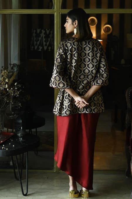 Shop_Shorshe Clothing_Brown Satin, Silk, Brocade Shruti Mughal Floral Woven Kurta And Skirt Set _at_Aza_Fashions