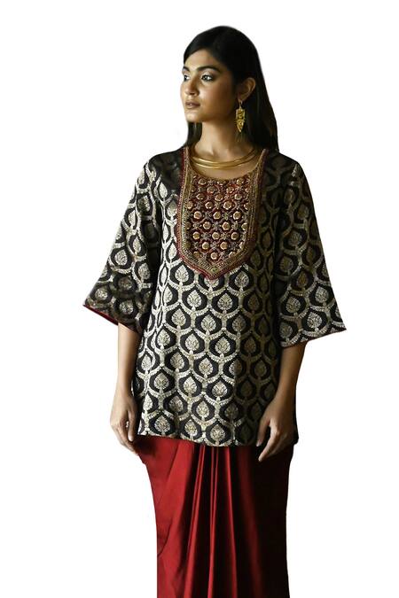 Shop_Shorshe Clothing_Brown Satin, Silk, Brocade Shruti Mughal Floral Woven Kurta And Skirt Set _Online_at_Aza_Fashions
