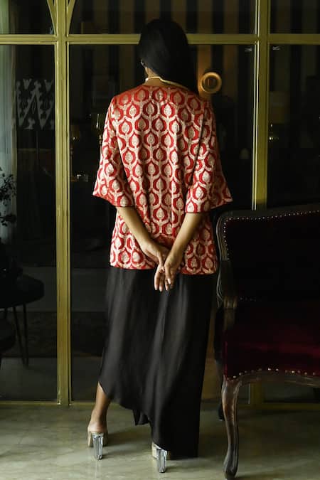 Shop_Shorshe Clothing_Red Satin, Silk, Brocade Embroidery Shruti Floral Mughal Woven Kurta And Skirt Set _at_Aza_Fashions