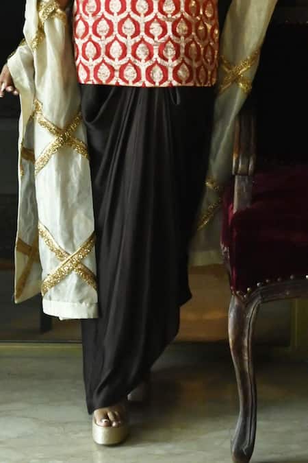 Shorshe Clothing_Red Satin, Silk, Brocade Embroidery Shruti Floral Mughal Woven Kurta And Skirt Set _Online_at_Aza_Fashions