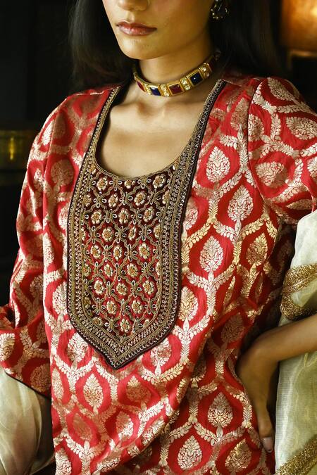 Shop_Shorshe Clothing_Red Satin, Silk, Brocade Embroidery Shruti Floral Mughal Woven Kurta And Skirt Set _Online_at_Aza_Fashions