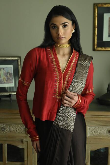 Shorshe Clothing_Red Silk Embroidery V-neck Sashiko Gota Placket Blouse _Online_at_Aza_Fashions