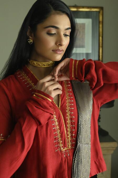Shop_Shorshe Clothing_Red Silk Embroidery V-neck Sashiko Gota Placket Blouse _Online_at_Aza_Fashions