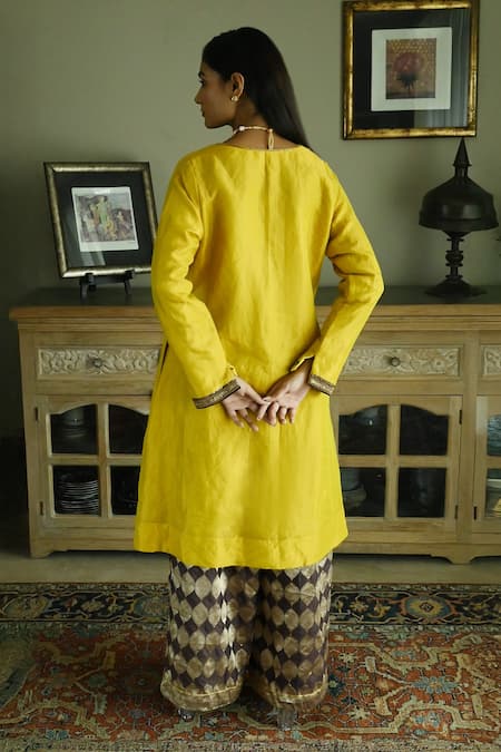 Shop_Shorshe Clothing_Yellow Handloom Cotton Zeenat Sleeve Embroidered Kurta And Woven Palazzo Set _at_Aza_Fashions