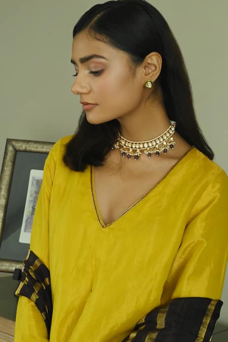 Shorshe Clothing_Yellow Handloom Cotton Zeenat Sleeve Embroidered Kurta And Woven Palazzo Set _Online_at_Aza_Fashions