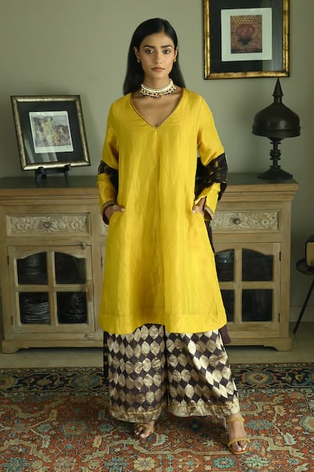Buy_Shorshe Clothing_Yellow Handloom Cotton Zeenat Sleeve Embroidered Kurta And Woven Palazzo Set _Online_at_Aza_Fashions