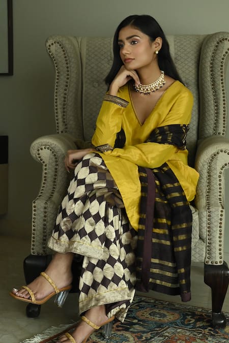 Shop_Shorshe Clothing_Yellow Handloom Cotton Zeenat Sleeve Embroidered Kurta And Woven Palazzo Set _Online_at_Aza_Fashions