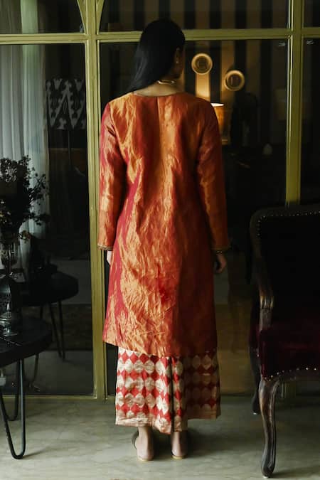 Shop_Shorshe Clothing_Red Handloom Cotton Embroidery, Sequins Waahida Placement Kurta And Palazzo Set _at_Aza_Fashions