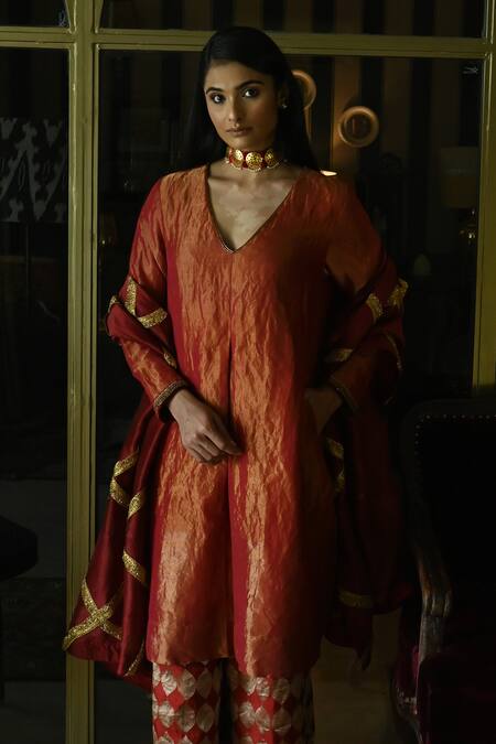 Shop_Shorshe Clothing_Red Handloom Cotton Embroidery, Sequins Waahida Placement Kurta And Palazzo Set _Online_at_Aza_Fashions