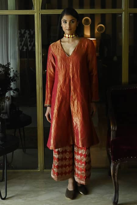 Shorshe Clothing_Red Handloom Cotton Embroidery, Sequins Waahida Placement Kurta And Palazzo Set _at_Aza_Fashions