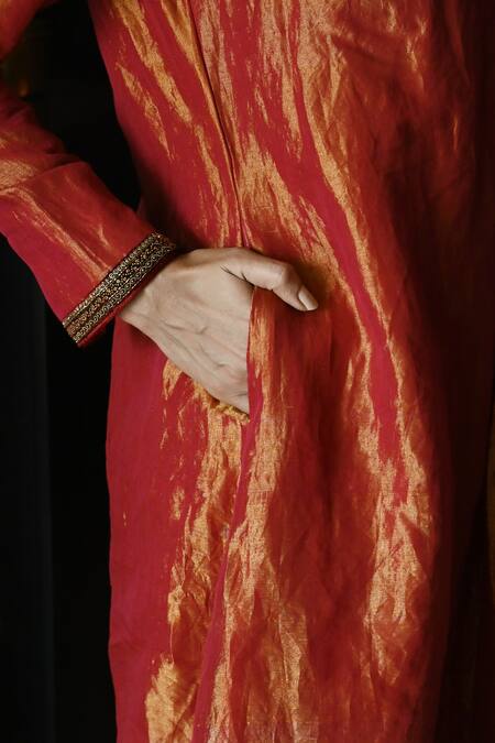 Buy_Shorshe Clothing_Red Handloom Cotton Embroidery, Sequins Waahida Placement Kurta And Palazzo Set 