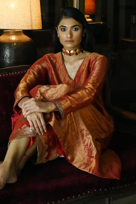 Shop Shorshe Clothing Red Handloom Cotton Embroidery, Sequins Waahida Placement Kurta And Palazzo Set Shop_Shorshe Clothing_Red Handloom Cotton Embroidery, Sequins Waahida Placement Kurta And Palazzo Set