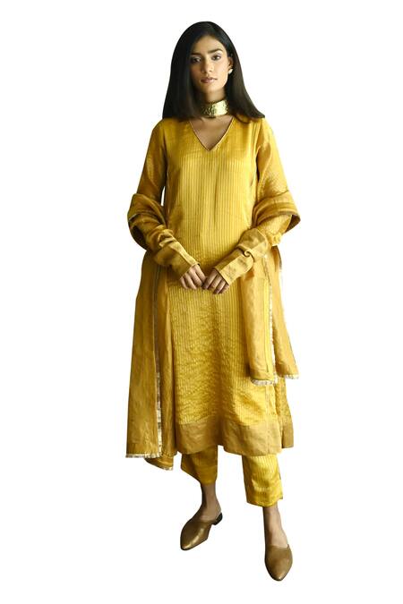 Buy_Shorshe Clothing_Yellow Chanderi, Handloom Cotton Anu Stripe Pattern Kurta And Cigarette Pant Set_Online_at_Aza_Fashions