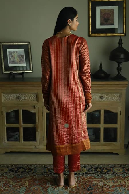 Shop_Shorshe Clothing_Red Chanderi, Handloom Cotton Anu Stripe Pattern Kurta With Cigarette Pant _at_Aza_Fashions