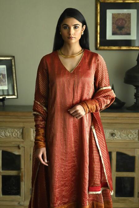 Shorshe Clothing_Red Chanderi, Handloom Cotton Anu Stripe Pattern Kurta With Cigarette Pant _Online_at_Aza_Fashions