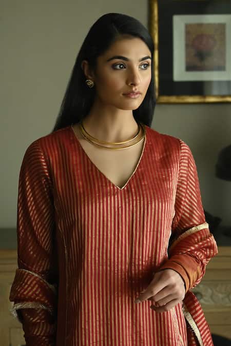 Buy_Shorshe Clothing_Red Chanderi, Handloom Cotton Anu Stripe Pattern Kurta With Cigarette Pant _Online_at_Aza_Fashions