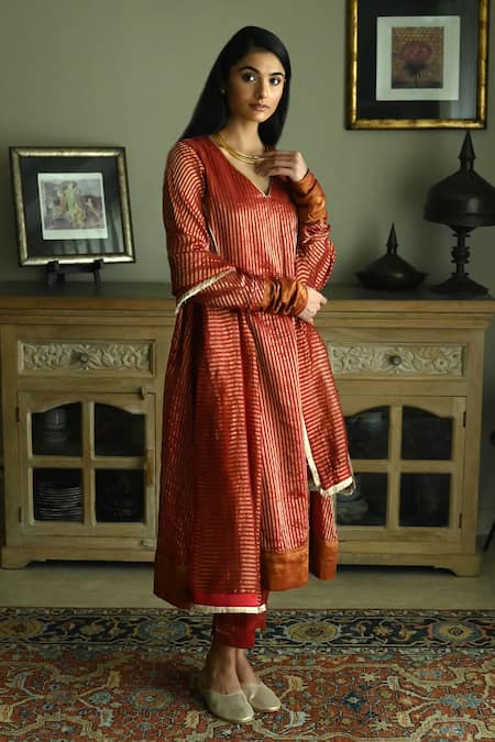 Shop_Shorshe Clothing_Red Chanderi, Handloom Cotton Anu Stripe Pattern Kurta With Cigarette Pant _Online_at_Aza_Fashions