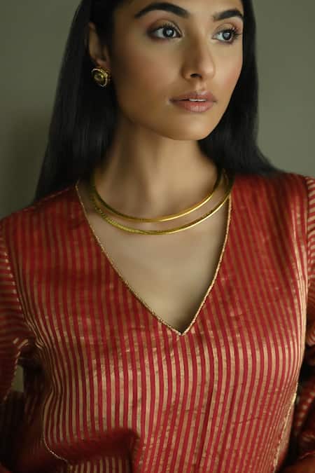 Shorshe Clothing_Red Chanderi, Handloom Cotton Anu Stripe Pattern Kurta With Cigarette Pant _at_Aza_Fashions