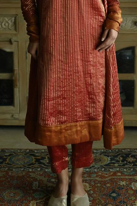 Shop_Shorshe Clothing_Red Chanderi, Handloom Cotton Anu Stripe Pattern Kurta With Cigarette Pant 