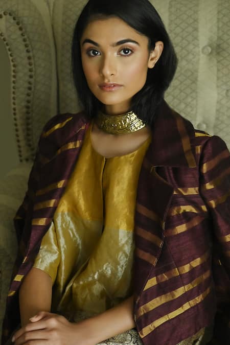 Shorshe Clothing_Purple Silk Collared Stripe Pattern Notched Lapel Jacket _Online_at_Aza_Fashions