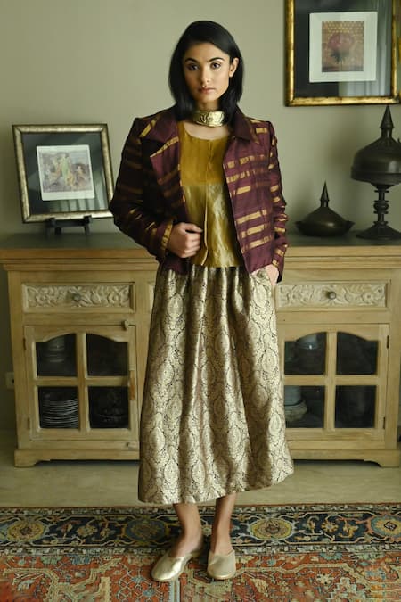 Buy_Shorshe Clothing_Purple Silk Collared Stripe Pattern Notched Lapel Jacket _Online_at_Aza_Fashions