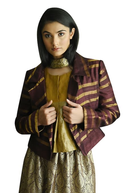 Shop_Shorshe Clothing_Purple Silk Collared Stripe Pattern Notched Lapel Jacket _Online_at_Aza_Fashions
