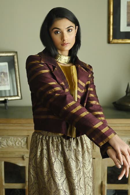 Shorshe Clothing_Purple Silk Collared Stripe Pattern Notched Lapel Jacket _at_Aza_Fashions