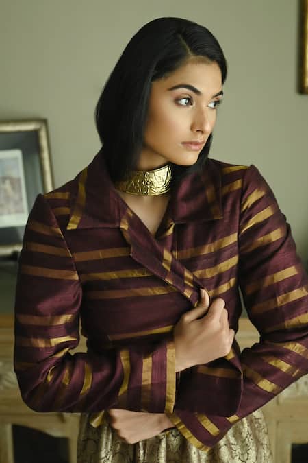 Buy_Shorshe Clothing_Purple Silk Collared Stripe Pattern Notched Lapel Jacket 