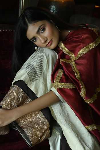 Shorshe Clothing_Ivory Handloom Cotton, Chanderi Embroidery, Beads Banjara Kurta With Palazzo_Online_at_Aza_Fashions