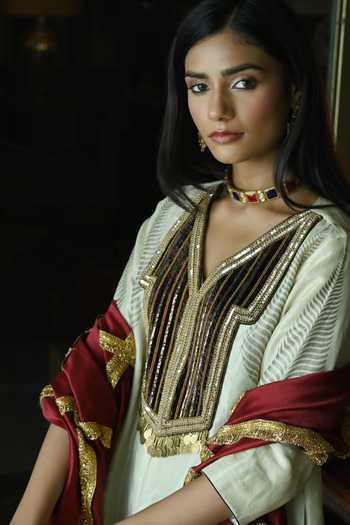 Buy_Shorshe Clothing_Ivory Handloom Cotton, Chanderi Embroidery, Beads Banjara Kurta With Palazzo_Online_at_Aza_Fashions