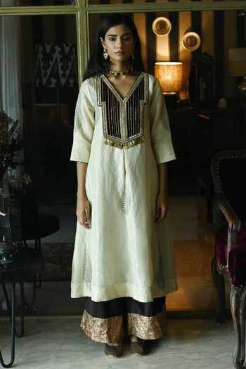 Shop_Shorshe Clothing_Ivory Handloom Cotton, Chanderi Embroidery, Beads Banjara Kurta With Palazzo_Online_at_Aza_Fashions