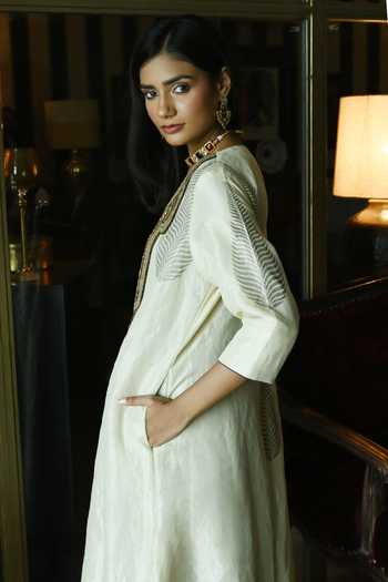 Shorshe Clothing_Ivory Handloom Cotton, Chanderi Embroidery, Beads Banjara Kurta With Palazzo_at_Aza_Fashions