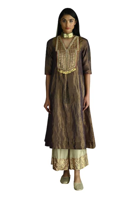 Shorshe Clothing_Purple Handloom Cotton Beads, Zari Banjara Embroidered Kurta And Palazzo Set _Online_at_Aza_Fashions