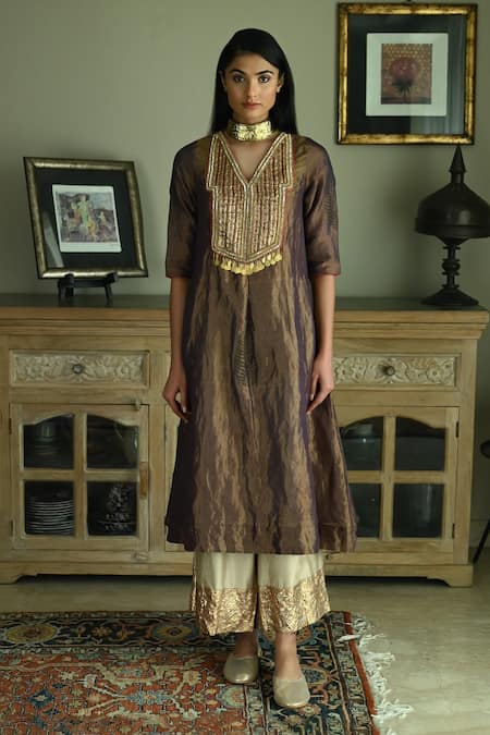 Buy_Shorshe Clothing_Purple Handloom Cotton Beads, Zari Banjara Embroidered Kurta And Palazzo Set _Online_at_Aza_Fashions