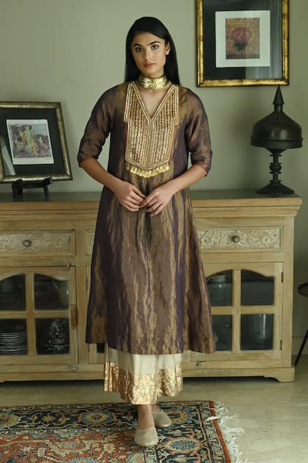 Shop_Shorshe Clothing_Purple Handloom Cotton Beads, Zari Banjara Embroidered Kurta And Palazzo Set _Online_at_Aza_Fashions