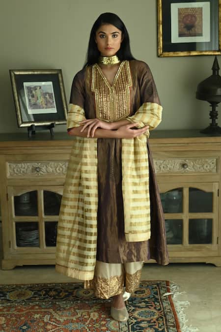 Shorshe Clothing_Purple Handloom Cotton Beads, Zari Banjara Embroidered Kurta And Palazzo Set _at_Aza_Fashions