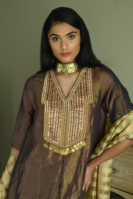 Buy_Shorshe Clothing_Purple Handloom Cotton Beads, Zari Banjara Embroidered Kurta And Palazzo Set 