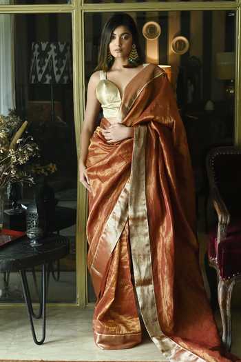 Shorshe Clothing_Gold Brocade Plunge Neck Saree Blouse_Online_at_Aza_Fashions