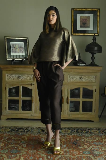 Shorshe Clothing_Brown Chanderi, Brocade High Neck Swirl Pattern Top With Cigarette Pant_Online_at_Aza_Fashions