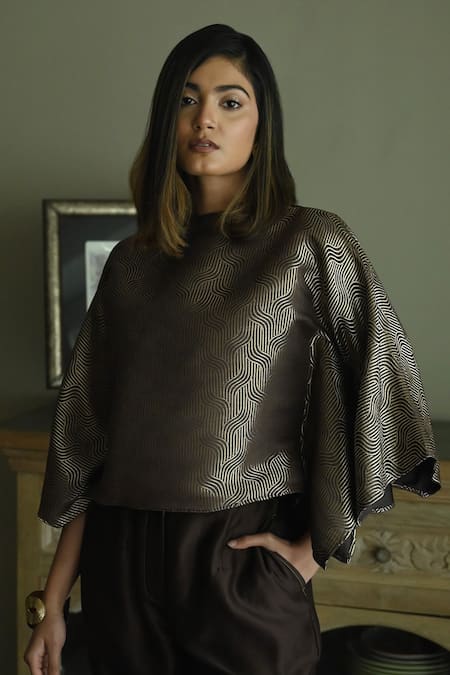 Buy_Shorshe Clothing_Brown Chanderi, Brocade High Neck Swirl Pattern Top With Cigarette Pant_Online_at_Aza_Fashions