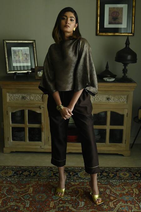 Shop_Shorshe Clothing_Brown Chanderi, Brocade High Neck Swirl Pattern Top With Cigarette Pant_Online_at_Aza_Fashions