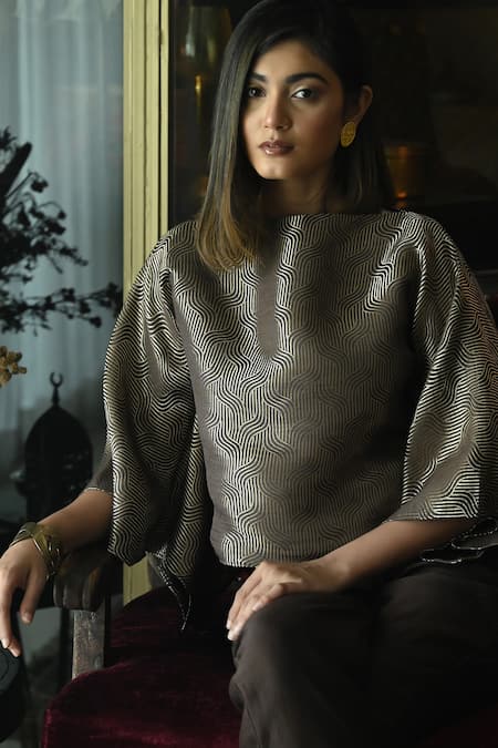 Shorshe Clothing_Brown Chanderi, Brocade High Neck Swirl Pattern Top With Cigarette Pant_at_Aza_Fashions