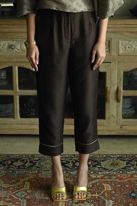 Buy_Shorshe Clothing_Brown Chanderi, Brocade High Neck Swirl Pattern Top With Cigarette Pant