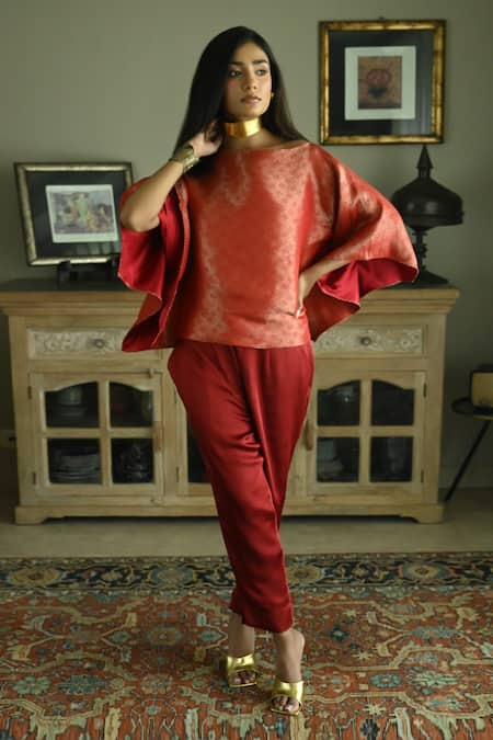 Shorshe Clothing Red Brocade Swirl High Batwing Sleeve Top With Cigarette Pant 