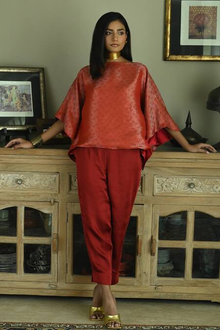Shorshe Clothing_Red Chanderi, Brocade High Neck Batwing Sleeve Top With Cigarette Pant_Online_at_Aza_Fashions
