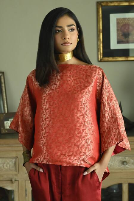 Shop_Shorshe Clothing_Red Chanderi, Brocade High Neck Batwing Sleeve Top With Cigarette Pant_Online_at_Aza_Fashions