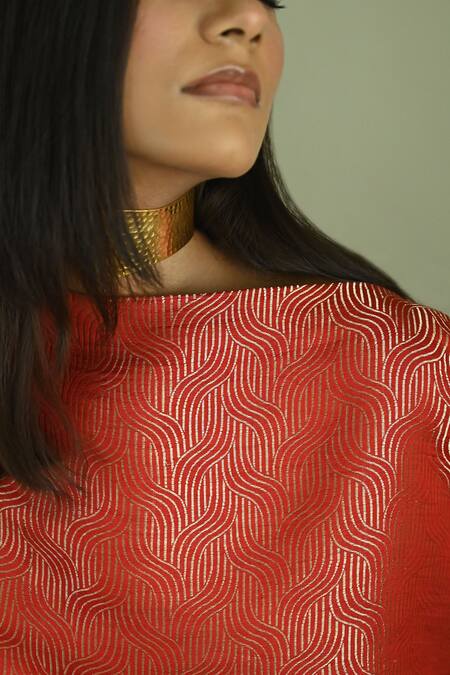 Shop_Shorshe Clothing_Red Chanderi, Brocade High Neck Batwing Sleeve Top With Cigarette Pant