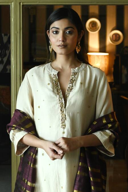 Shorshe Clothing_Beige Chanderi Embroidery, Sequins Bandeau Neck Chitkan Kurta With Salwar_Online_at_Aza_Fashions